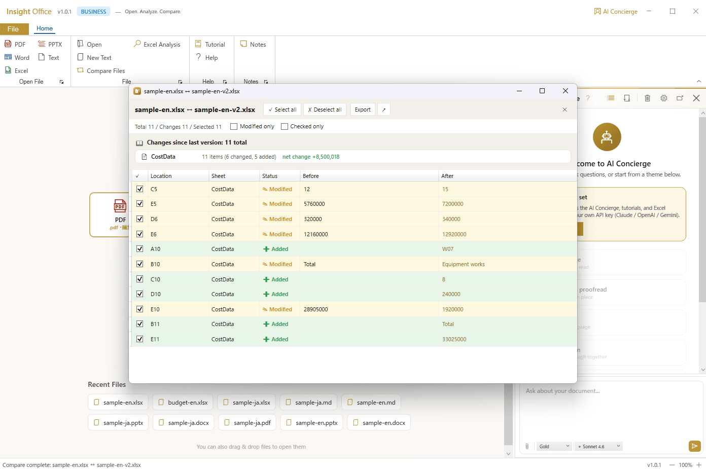 Compare documents — down to the cell & character