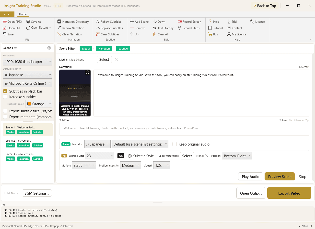 Insight Training Studio editor with scene list, narration text, voice and subtitle controls