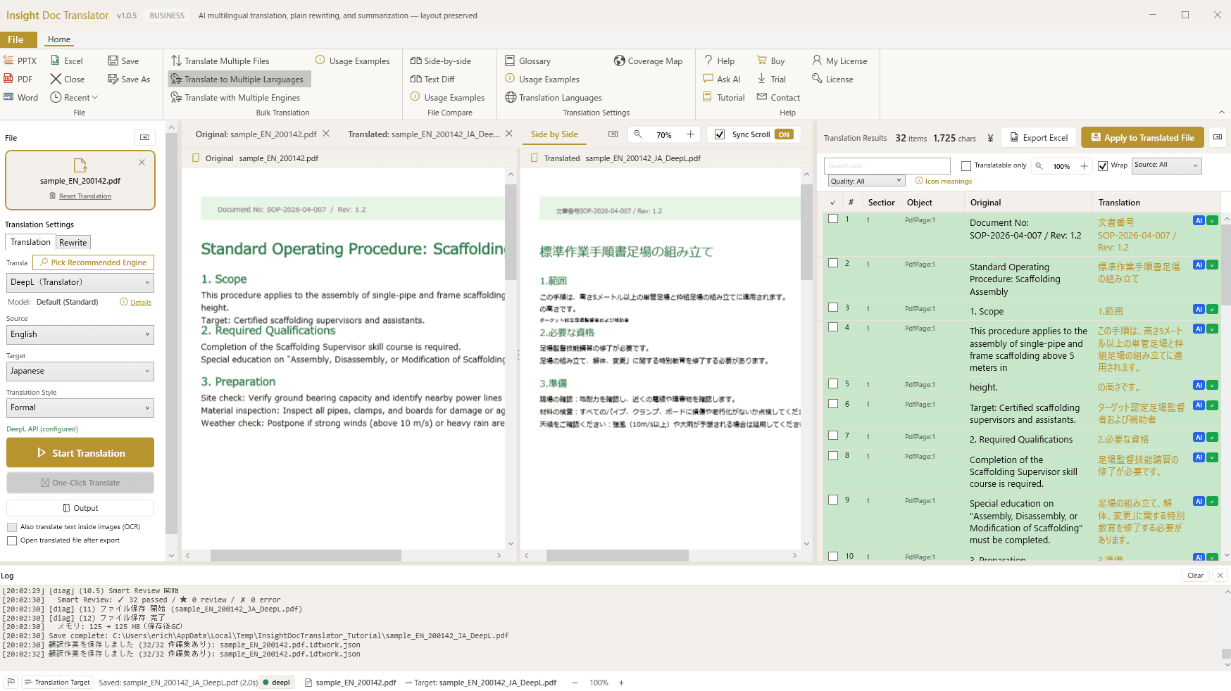 Insight Doc Translator reviewing a Standard Operating Procedure PDF with the translated segments alongside