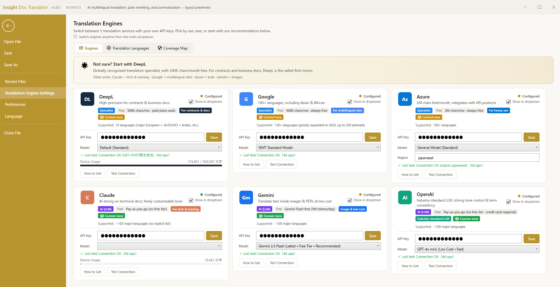 Translation Engines settings page showing DeepL, Google, Azure, Claude, Gemini, and OpenAI configured side by side