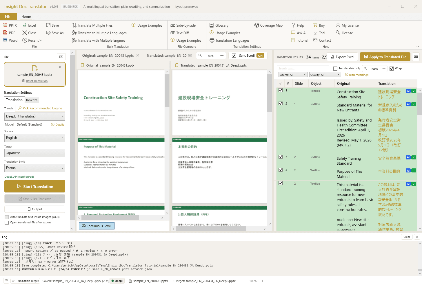 PowerPoint translation workspace with side-by-side source, target, and AI suggestion panels